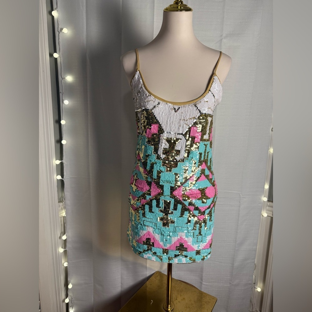 Sequin Geometric Mini Dress in White, Turquoise & Pink